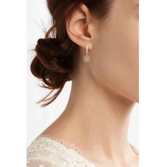 TORY BURCH • Gold Crystal Miller Huggies Hoop Earrings - Picture 2 of 3